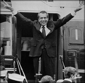 Richard Nixon leaving White House grounds by helicopter after resignation.